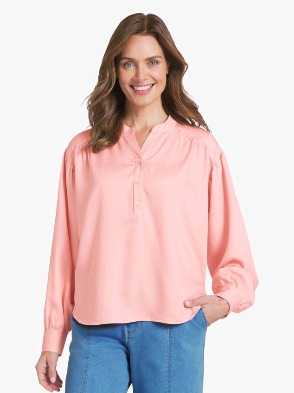 Chaps Peach Buttoned Split-Neck Blouse